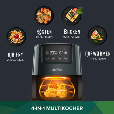 Chefree Heißluftfritteuse 2L, Kompakt, Energiesparend,Antihaft-Frittierkorb, digitaler Touchscreen, Frittieren ohne Öl, 900W, spülmaschinenfest, BPA-frei,AF300, Dunkelgrün