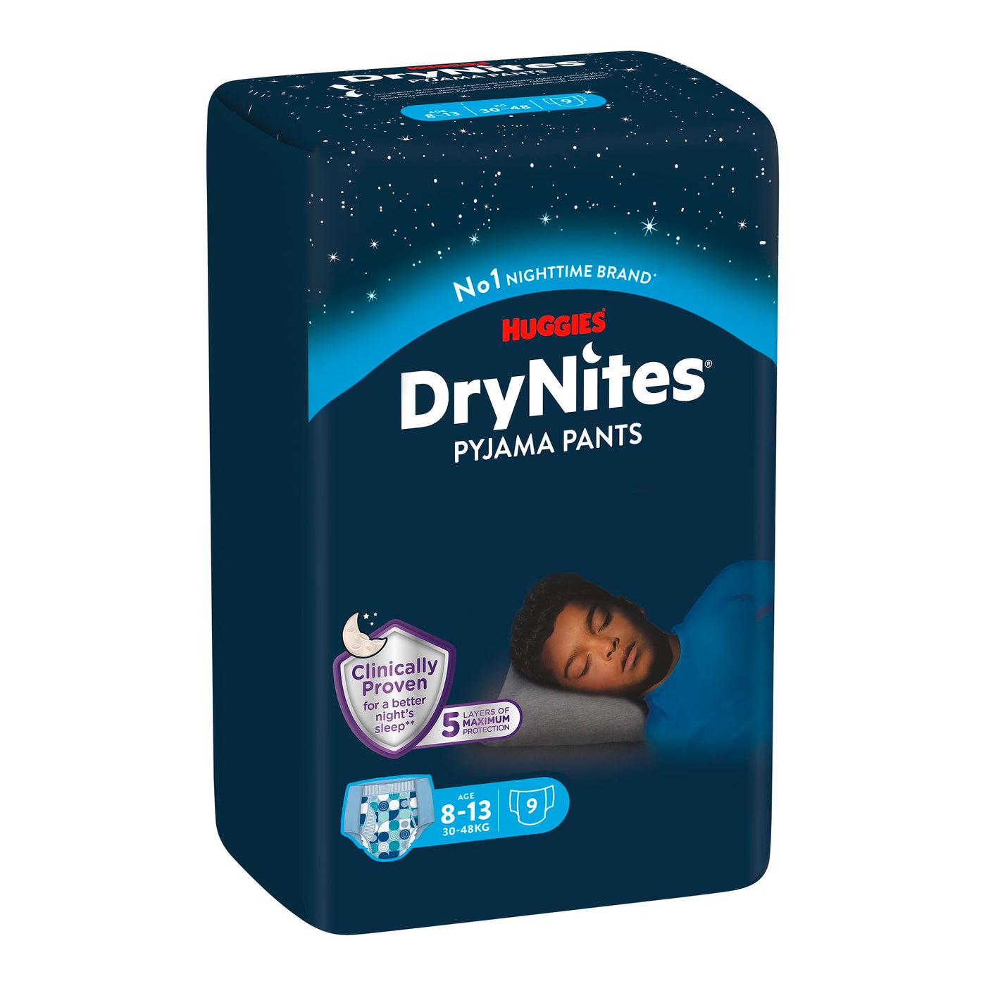 Huggies DryNites hochabsorbierende Nachtwindeln bei Bettnässen, für Jungen 8-13 Jahre (30-48 kg), 9 Stück, Windel-Pants