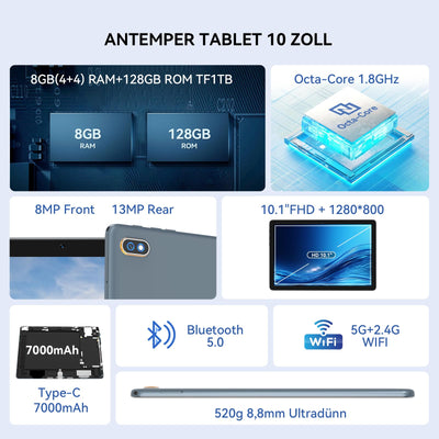 2024 Neueste Android Tablet | 5G+2.4G WLAN Tablet Pc | Octa-Core 128GB ROM(TF 1TB) | 10,1" Touch Display | 3D-Sound | 7000 mAh | 13+8MP | GPS | GMS Certified Tablets mit Tastatur, Stift, Hülle, Grau