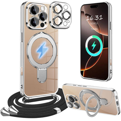 Magnetisch HandyHülle für iPhone 16 Pro Max Hülle mit Band,[Kompatibel mit Magsafe] Transparente Silikon Stoßfest Handykette Schutzhülle Ring Ständer Kameraschutz Case mit Kette für iPhone 16 Pro Max