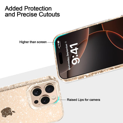 AROYI 5 in 1 Klar Glitzer Handyhülle Kompatibel mit iPhone 16 Pro Hülle Glitzer mit 2 Schutzfolie + 2 Kameraschutz, Handyhülle iPhone 16 Pro Transparent Weiche TPU Silikon Case [Anti-Yellowing]