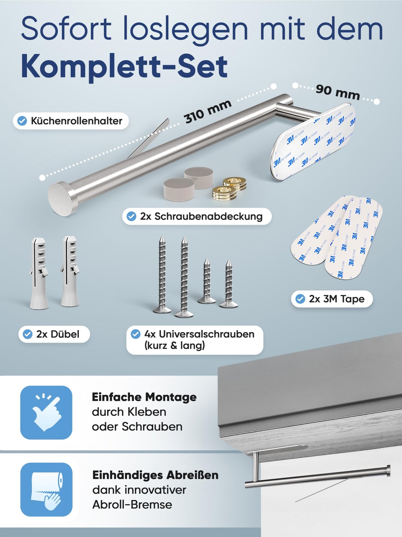 WOHNHELD® Küchenrollenhalter ohne Bohren [Mit Abroll-Bremse] für einhändiges Abreißen - Edelstahl Silber - Dämpfungseffekt - Zewa Rollenhalter zum Kleben Papierrollenhalter Küche Wohnmobil Geschenk