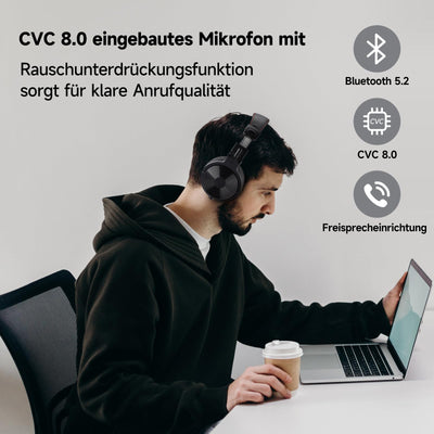 OneOdio Bluetooth Kopfhörer Over Ear [Bis zu 110 Std & BT 5.2] Kopfhörer Kabellos Bluetooth mit 50mm Treiber, HiFi Stereo Faltbares Wireless Headphones mit Mikrofon für Laptop/Handy/PC - Schwarz