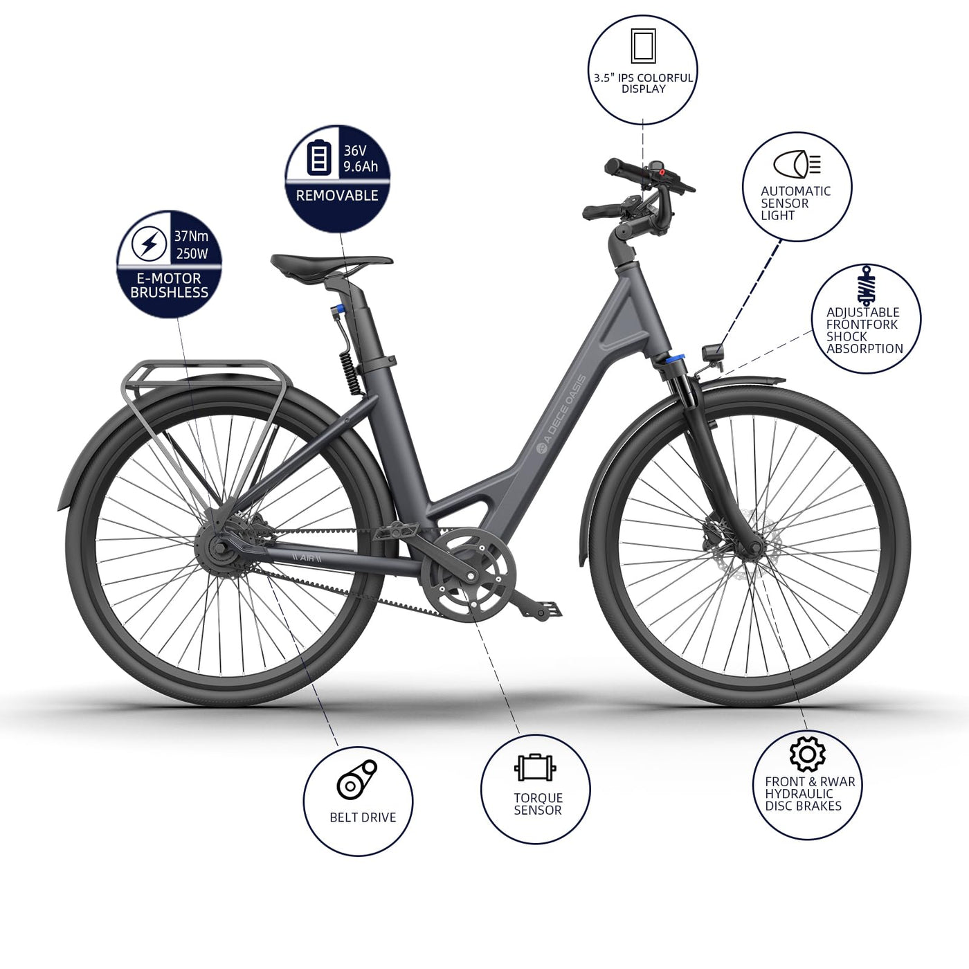 ADO E-Bike Air 28 Elektrofahrrad,Electric Bikes Pedelec Riemenantrieb,e Bike 28 Zoll,Momenten-Sensor, 1 Gang, Heckmotor, 345,00 Wh Akku, ebike Damen/Herren,Gepäckträger,Lampe (Gray)