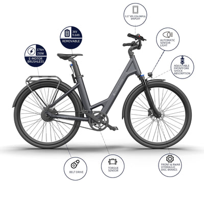 ADO E-Bike Air 28 Elektrofahrrad,Electric Bikes Pedelec Riemenantrieb,e Bike 28 Zoll,Momenten-Sensor, 1 Gang, Heckmotor, 345,00 Wh Akku, ebike Damen/Herren,Gepäckträger,Lampe (Gray)