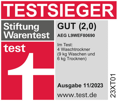 AEG Waschtrockner mit Wärmepumpe Serie 9000 SensiDry® / Testsieger der Stiftung Warentest / 9 kg Waschen / 6 kg Trocknen / C / Mengenautomatik / Nachlege- und Dampffunktion / 1600 U/min / L9WEF80690