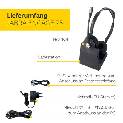 Jabra Engage 75 On-Ear Dect Stereo Headset - Skype for Business zertifizierter drahtloser Kopfhörer mit Noise-Cancelling für Tischtelefone und Softphones - schwarz - EU-Version