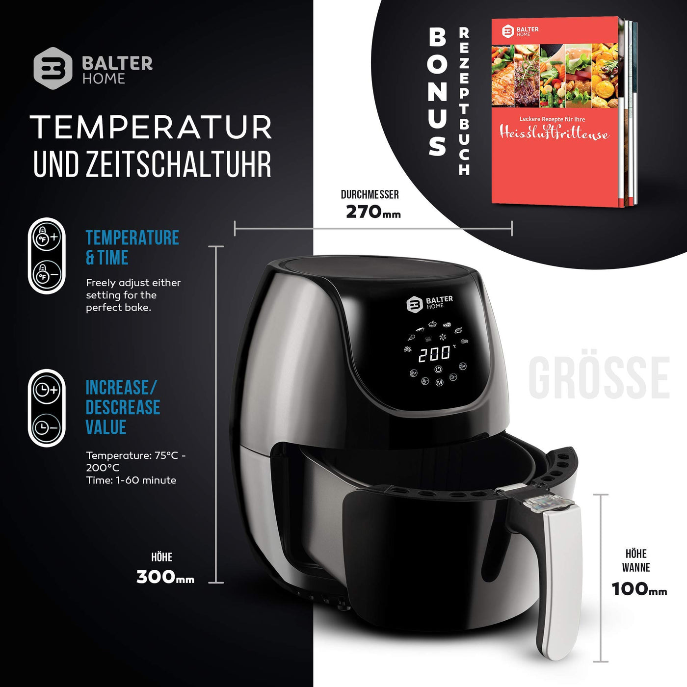 Balter Heißluftfritteuse XL-Touch, Fritteuse, LCD Display, 7 Programme, Rezeptheft, 3.6L - XL Garraum, 1500W, schwarz