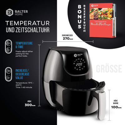 Balter Heißluftfritteuse XL-Touch, Fritteuse, LCD Display, 7 Programme, Rezeptheft, 3.6L - XL Garraum, 1500W, schwarz