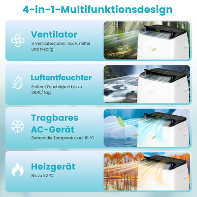 COSTWAY mobile Klimaanlage 14000BTU für 135 m³(45 m²), 5 in 1 Klimagerät Heizlüfter Ventilator Entfeuchter mit Abluftschlauch & APP/Fern Kontrolle