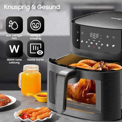 Iceagle Heißluftfritteuse XXL Air Fryer 9L - Heissluftfriteuse mit Großes Sichtfenster | Friteuse Airfryer ohne Öl mit Digitalem Led Touchscreen, 8 Programmen, Shake-Modus, 1800W, Rezeptbuch