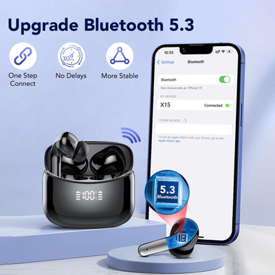 Bluetooth Kopfhörer, Kopfhörer Kabellos Bluetooth 5.3 In Ear Kopfhörer mit 4 ENC Noise Cancelling Mic Ear buds, LED-Anzeige, Kabellose Kopfhörer 52H Tiefer Bass, IPX7 Wasserdicht Ohrhörer, Schwarz