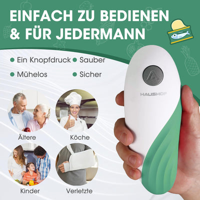 HAUSHOF Elektrischer Dosenöffner, One Touch Dosenöffner, Automatische 360°-Drehung & Automatischer Stopp, Küchenhelfer für Köche, ältere Menschen, Kinder & Verletzte, Mit 4 AA-Batterien, Grün