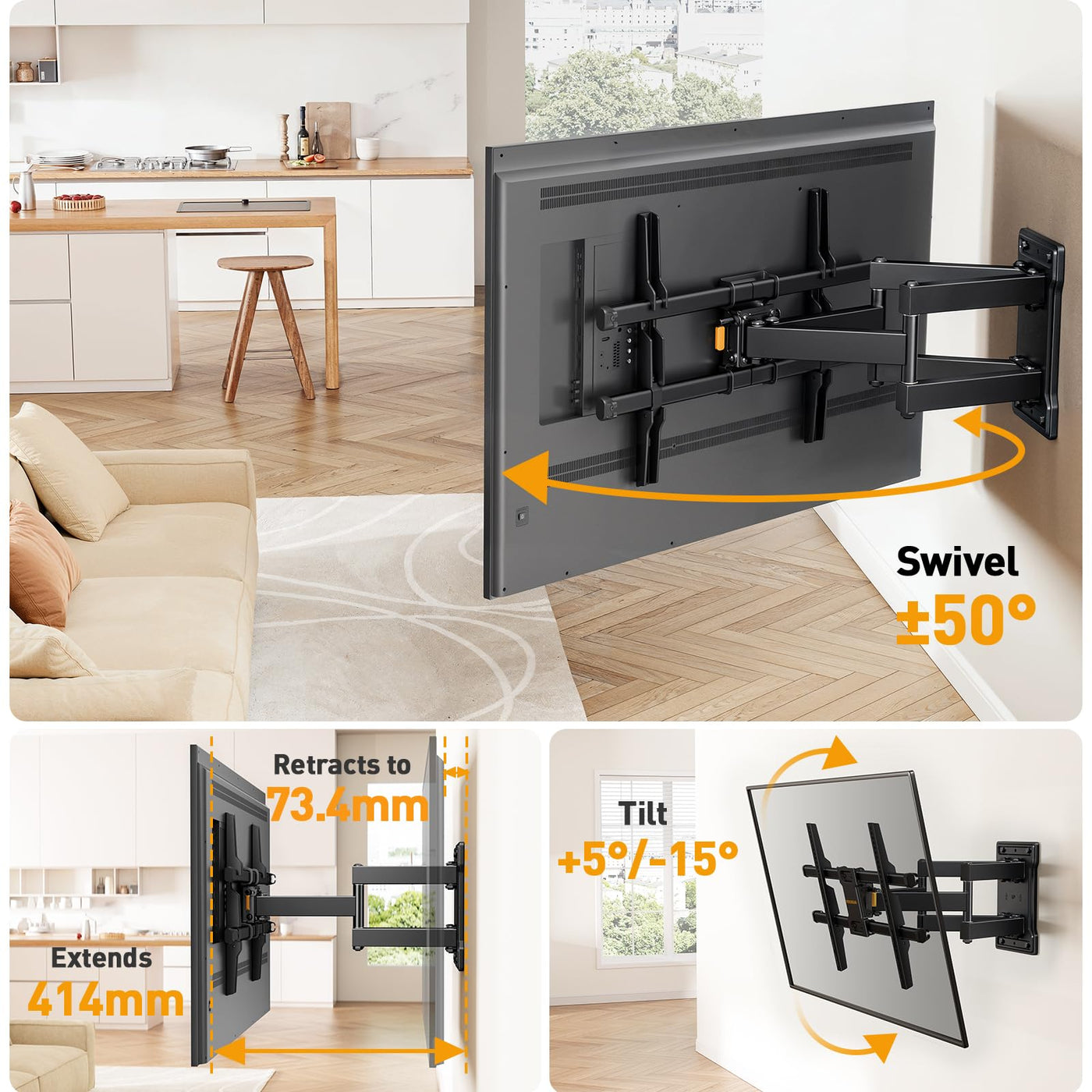 Perlegear TV Wandhalterung für 32-85 Zoll TVs bis zu 60 kg, Schwenkbar Neigbar Wandhalterung Fernseher, Fernseher Halterung mit werkzeugfreier Neigung, Max VESA 600x400mm, PGLF6