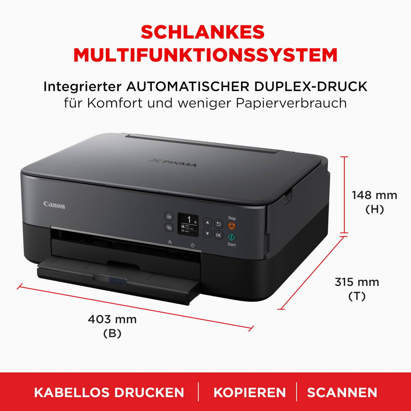 Canon PIXMA TS5350i Multifunktionsdrucker 3in1 (Tintenstrahl,Drucken, Kopieren, Scannen, A4, 3,7 cm OLED, WLAN, Duplexdruck, 2 Papierzuführungen, kompatibel mit Pixma Print Plan ABO) Schwarz