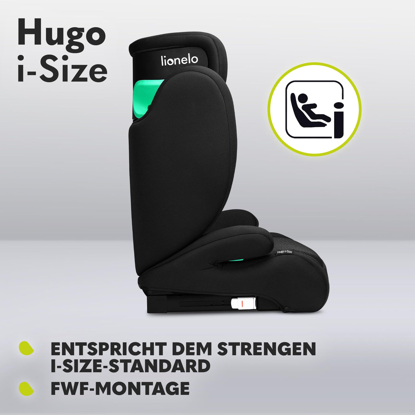 LIONELO HUGO I-SIZE Kinderautositz, Gruppe 2 3, von 100–150 cm, ISOFIX-Installation, verstellbare Kopfstütze, Memory-Schaum, Seitenschutz, bequeme Armlehnen