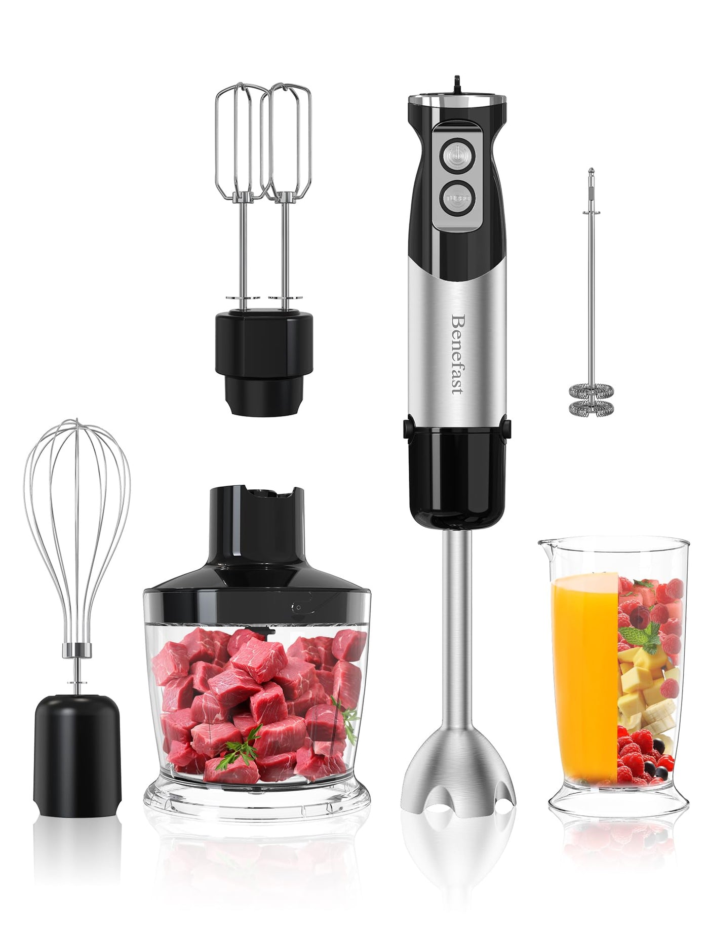 Benefast Elektrische Stabmixer 6 in 1 Stainless Steel Pürierstab Set, 1000W Stark Leistung, 12 Geschwindigkeiten & Turbo-Taste Blender für die Zubereitung von Salaten, Suppen und Teig