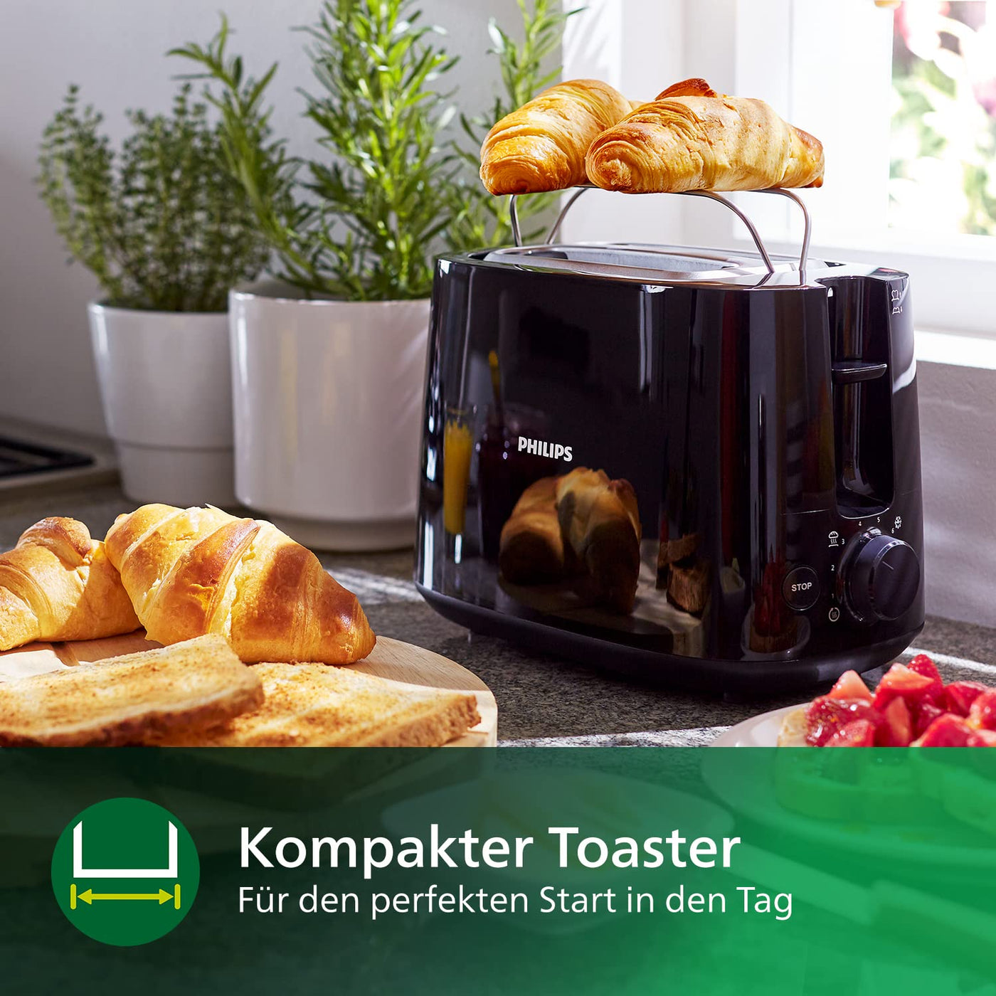 Philips Toaster – 2 Toastschlitze, 8 Stufen, Brötchenaufsatz, Auftaufunktion, Liftfunktion, Abschaltautomatik, schwarz (HD2581/90)