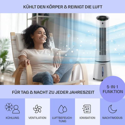 Klarstein Luftkühler mit Wasserkühlung, 5-in-1 Verdunstungskühler, Luftbefeuchter, Ventilator, Luftreiniger & Nachtmodus, Mobile Klimageräte Luftkühler 6L, 45 Watt Air Cooler, 180 m³/h Luftstrom