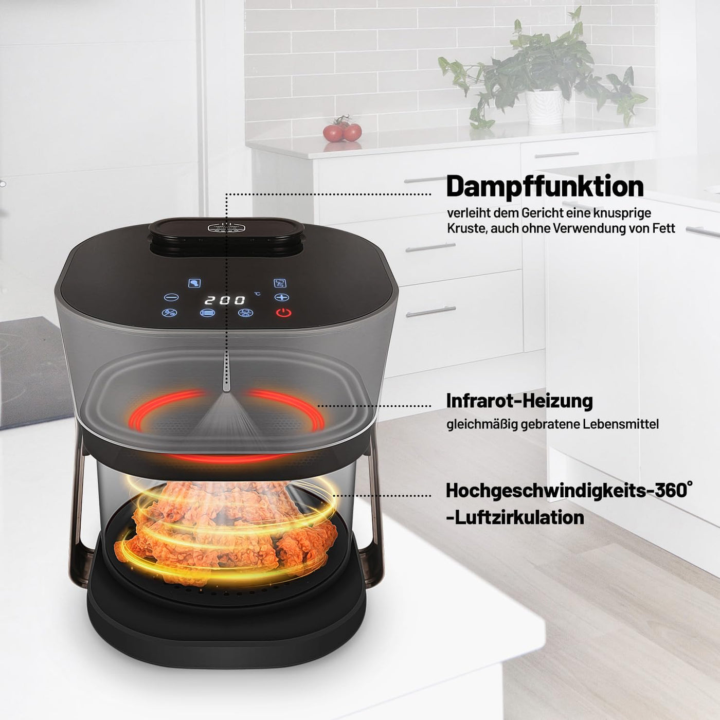 Lauben Glass&Steam Heißluftfritteuse 4500BG Air Fryer mit Glasfrittierkorb, Dampffunktion, 8 Programme, manuelle Zeit- und Temperatureinstellung, spülmaschinenfester Korb, Behältervolumen 4,5l