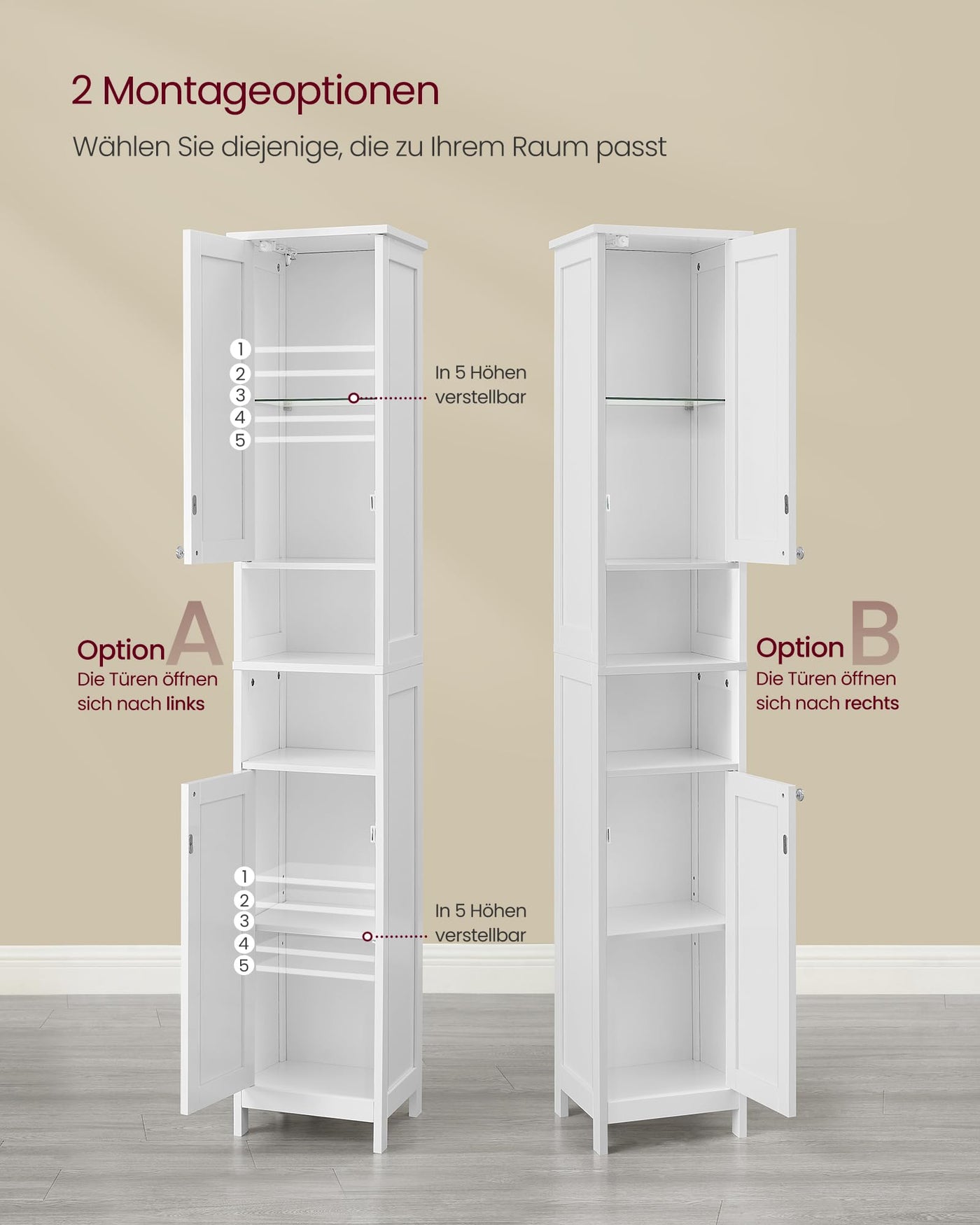 VASAGLE Badezimmerschrank mit Beleuchtung, hoch, schlanker Badschrank, Aufbewahrungsschrank mit verstellbaren Ablagen, offene Fächer, für kleine Räume, modern, wolkenweiß BBC566W03