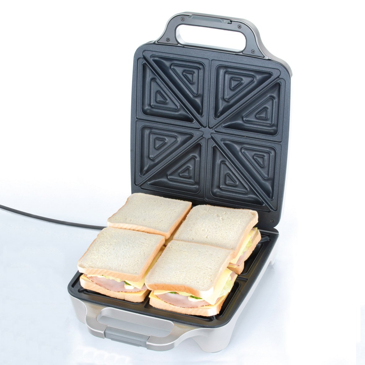 Cloer 6269 Sandwichmaker XXL, 1800 W, für 4 Sandwiches, American Toast, XXL-Füllung, optische Fertigmeldung, Silber