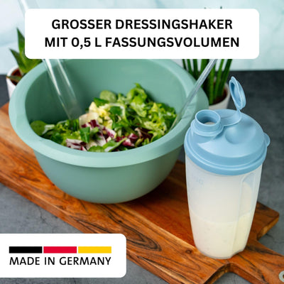 Westmark Mix- und Schüttelbecher/Dressingshaker mit Messskala, herausnehmbarer Mixscheibe und verschließbarem Ausgießer, Fassungsvermögen: 0,5l, Kunststoff, BPA-frei, Farbe: Transluzent/Blau, 2435227B