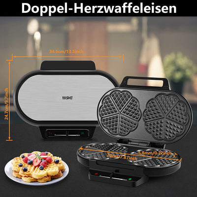 YASHE SW-2122M Waffeleisen Herzform Doppelt, 10 Klassische Herzförmige Waffeln mit Antihaftbeschichtung, 5 Einstellbare Temperaturstufen, Kontrollleuchten, Überlaufschutz, 1200W, Silber/Schwarz