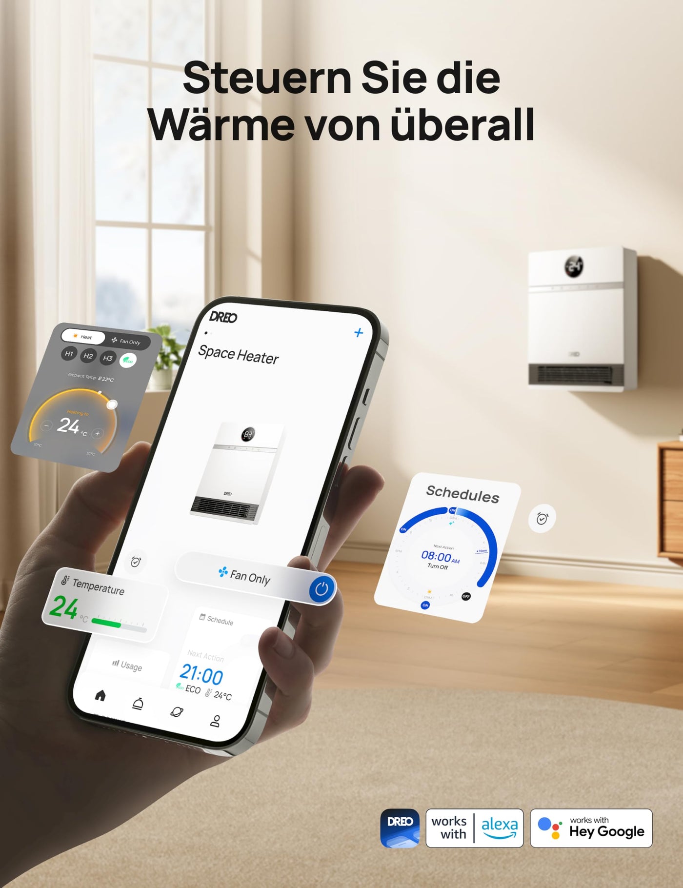 Dreo Smart Wandkonvektor, 30° Lüfterauslass, 2000W, einstellbarer Thermostat, Fernbedienung, Wochentimer, einfach zu montierende Heizung für den Innenbereich, kompatibel mit Alexa