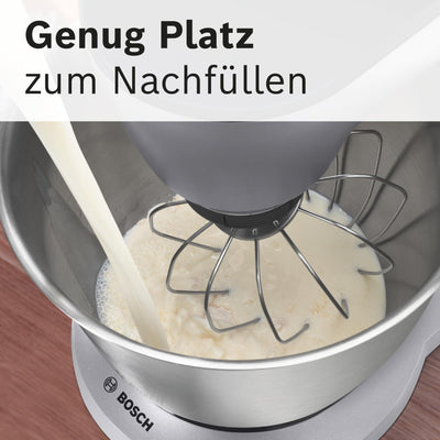 Bosch Küchenmaschine OptiMUM MUM9D33S11, Edelstahl-Schüssel 5,5 L, Planetenrührwerk, Profi-Knethaken, Schlag-, Silikonbesen, 7 Arbeitsstufen, Durchlaufschnitzler, 3 Scheiben, 1300 W, silber