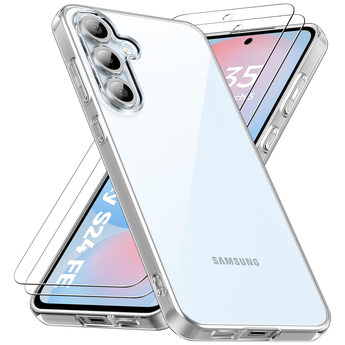 caslord Hülle für Samsung Galaxy S24 FE 6,7 Zoll, 1 Handyhülle mit 2 Stück Panzer Schutz Glas, Weiche TPU Silikon Transparent Stoßfest Schutzhülle Durchsichtige Kratzfest Handyhülle Case Cover