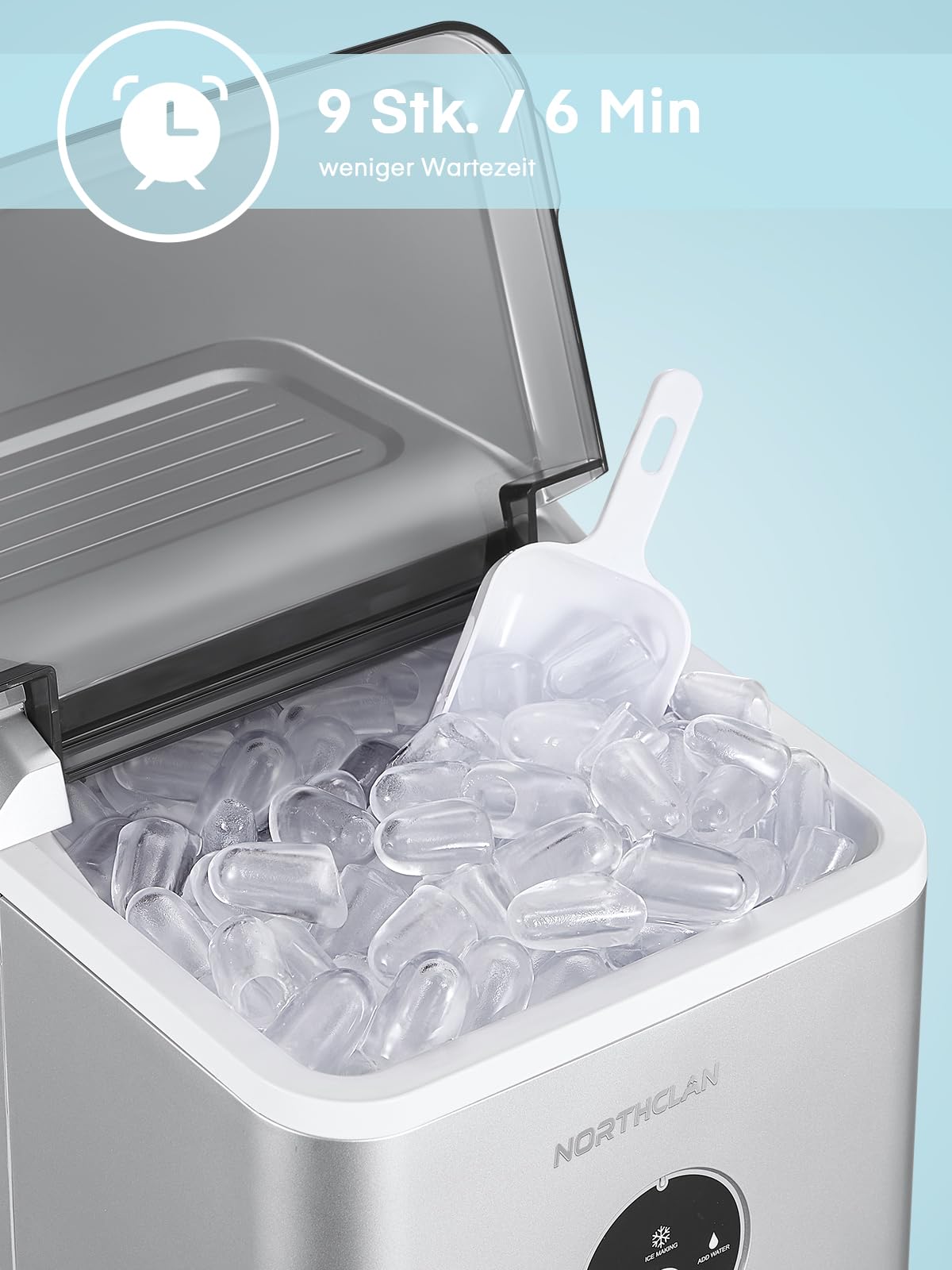 Eiswürfelmaschine Testsieger 2024, 14 kg 24 Stunden, 9 Eiswürfel in 6-8 Minuten, Gerauscharmer Betrieb, 120W Ice Maker mit Schaufel u. Korb, Eiswürfelbereiter für Zuhause, Büro (Silber)