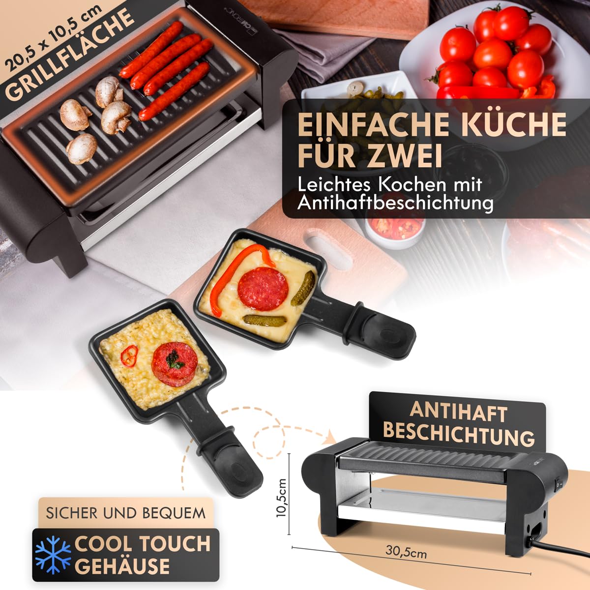 Clatronic® Raclette 2 Personen | Mini Raclette mit ca. 20,5 x 10,5 cm Grillfläche | für Grillen & Überbacken | antihaftbeschichtete Grillplatte & Pfännchen | 350W | RG 3592