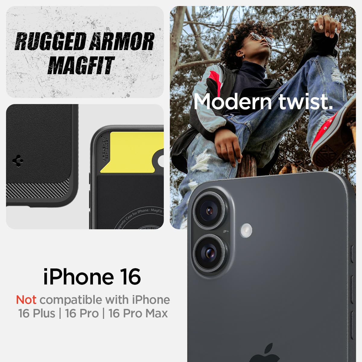 Spigen Rugged Armor MagFit Hülle für iPhone 16, Kompatibel mit MagSafe Zubehör -Schwarz