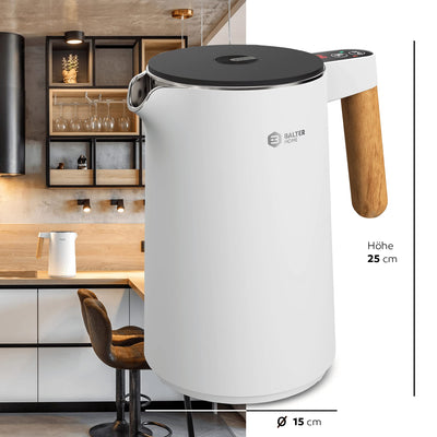 BALTER Edelstahl Wasserkocher mit Temperatureinstellung, 45°C-100°C, Doppelwand, BPA frei, leise & kabellos, Warmhaltefunktion, Teekocher mit Temperaturanzeige, 1.5L, 2200W, Weiß