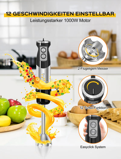 Benefast Elektrische Stabmixer 6 in 1 Stainless Steel Pürierstab Set, 1000W Stark Leistung, 12 Geschwindigkeiten & Turbo-Taste Blender für die Zubereitung von Salaten, Suppen und Teig