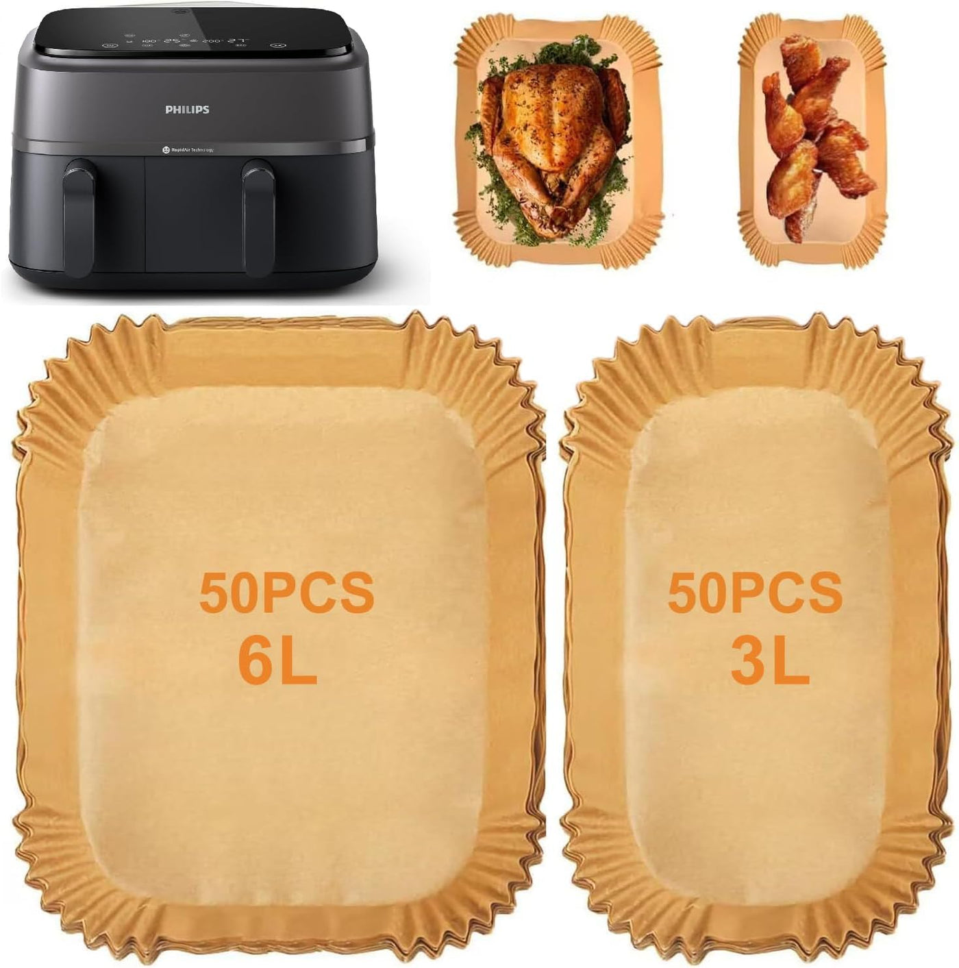 100 Stück Air Fryer Liner für Philips Dual Basket Airfryer 3000 Serie 6L/3L (NA350/00), Cookwise 3L/6L, Einweg-Pergamentpapiereinlagen, Luftfritteusen-Zubehör für Philips 9L Dual Airfryer