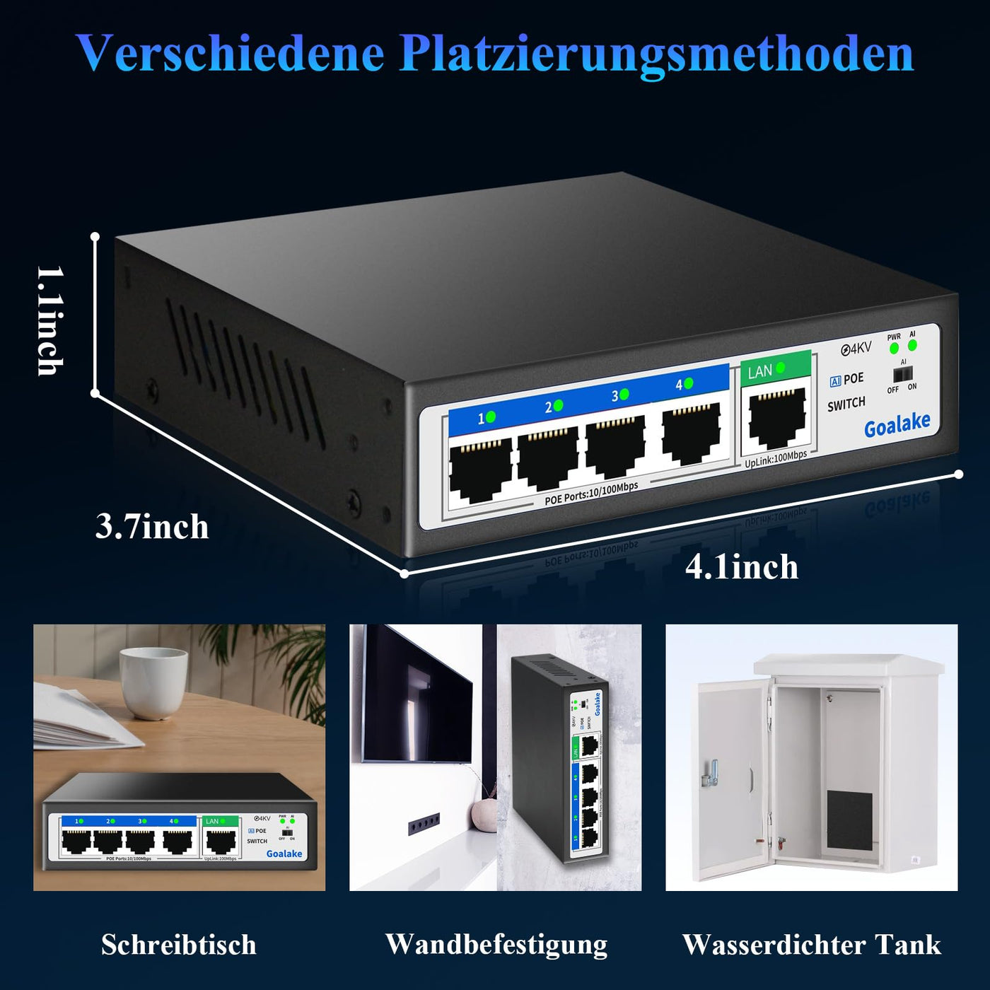 Goalake PoE+ Switch 5 Port 100Mbps (4 PoE Ports + 1 Uplink), 802.3af/at, 52W für alle PoE Ports, AI erweitert auf 250m, ideal für IP-Überwachung und Access Point, Desktop/Wandhalterung (Unmanaged)