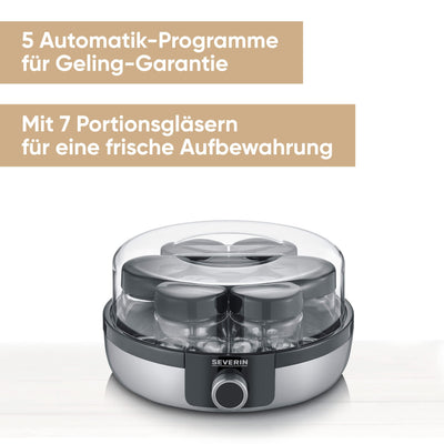 SEVERIN Joghurtbereiter, digitale Joghurtmaschine mit 5 Automatik-Programmen für selbstgemachten Joghurt, enthält 7 Joghurtgläser mit Deckel, BPA-frei, JG 3521