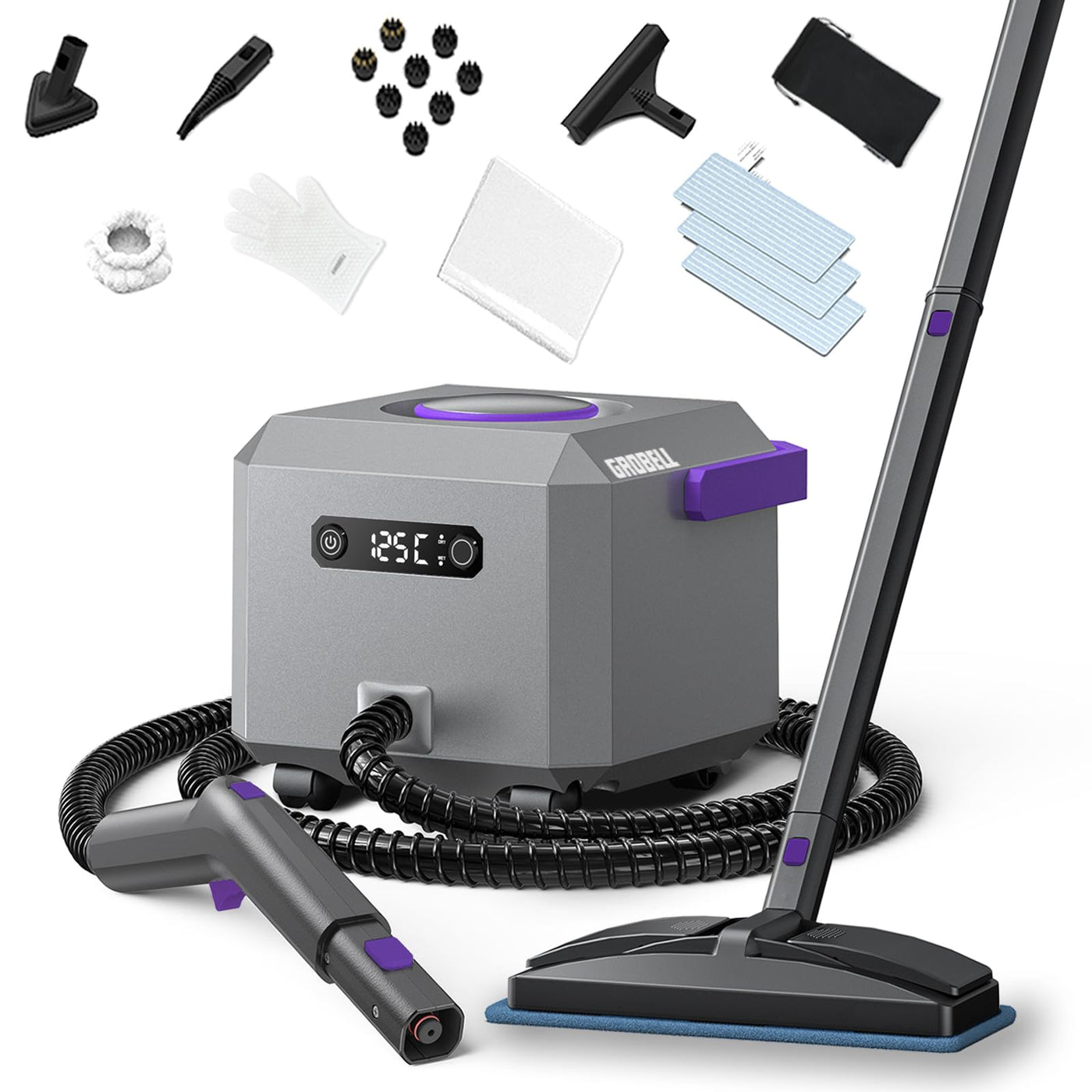 GROBELL Steam Cleaner Dampfreiniger: Schnellaufheizend in 50 Sek., jederzeit nachfüllbar, tragbarer Handdampfreiniger & Steamer Mop für Zuhause, Auto, Bett, Bad, Fliesenfugen, Bodenreinigung, Grey