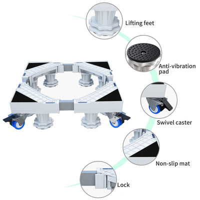 CarolynDesign Waschmaschinen-Standfuß, multifunktional, beweglich, verstellbar, mit 4 x 2 feststellbaren Lenkrollen und 8 starken Füßen