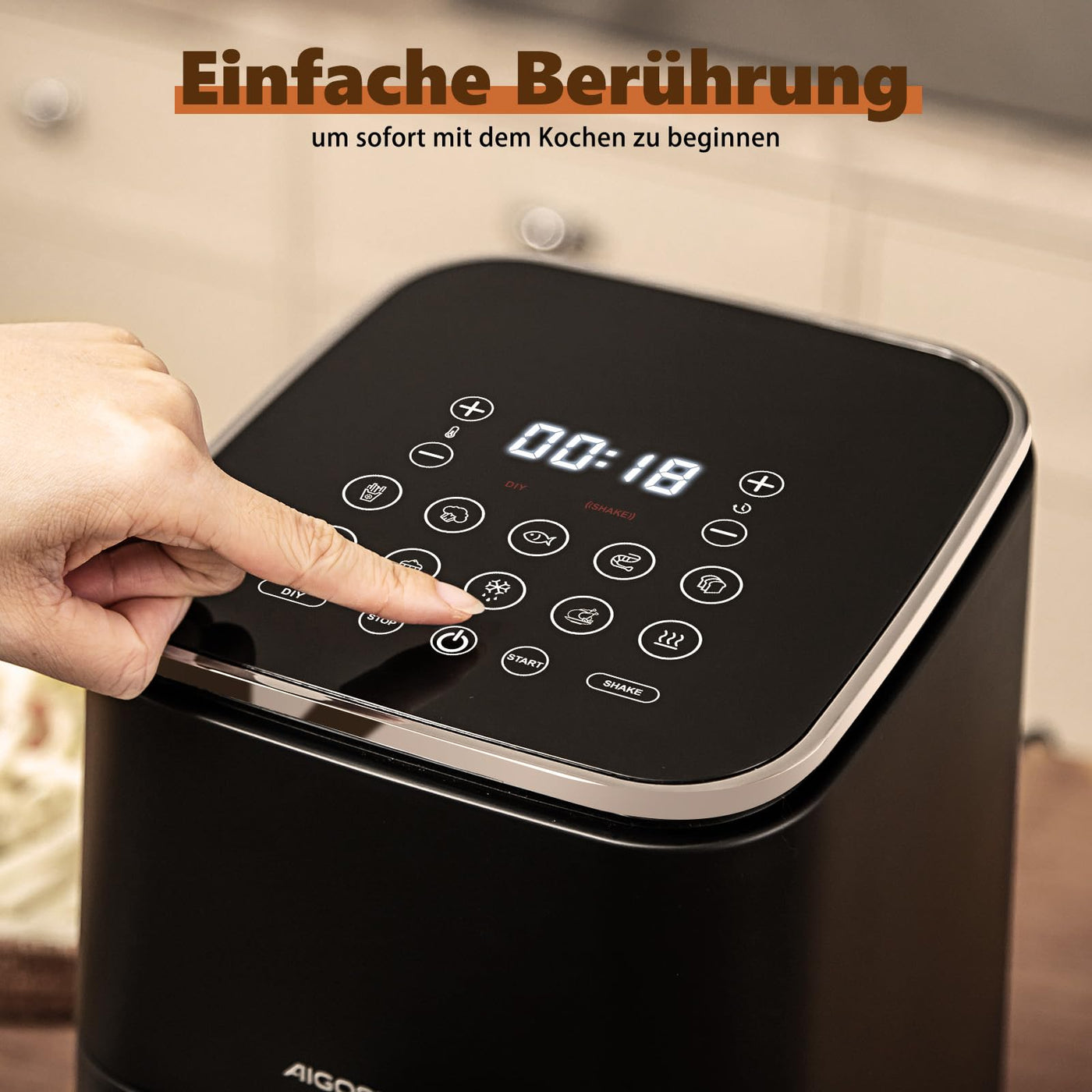 Aigostar Dot - Heißluftfritteuse 2L, Airfryer mit 8 Programmen und LED-Touchscreen, 1200W, einstellbare Zeit und Temperatur, herausnehmbarer Antihaft-Rost, leicht zu reinigen, BPA-frei