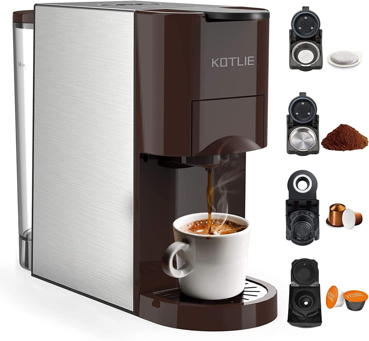 KOTLIE Espresso Kaffeemaschine, 4 in1Kaffeemaschine für Nespresso Original/Dolce Gusto/Mehl/ESE Kapsel Espressomaschine, 19 Bar