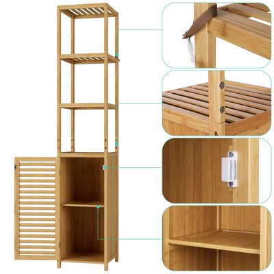 FOREHILL Hochschrank Badezimmerschrank Badregal aus Bambus schmales Badschrank Badmöbel mit 3 Ablagen Standregal für Bad, Küche, Flur 169x34x33cm Natur