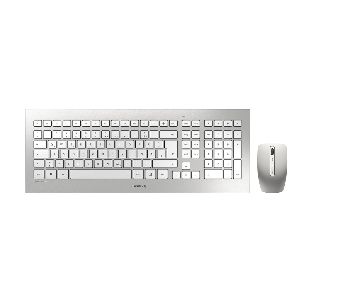 CHERRY DW 8000, kabelloses Tastatur- und Maus-Set, Deutsches Layout (QWERTZ), batteriebetrieben, ultraflache Tastatur, 3 Tasten-Maus mit Infrarotsensor, Weiß-Silber