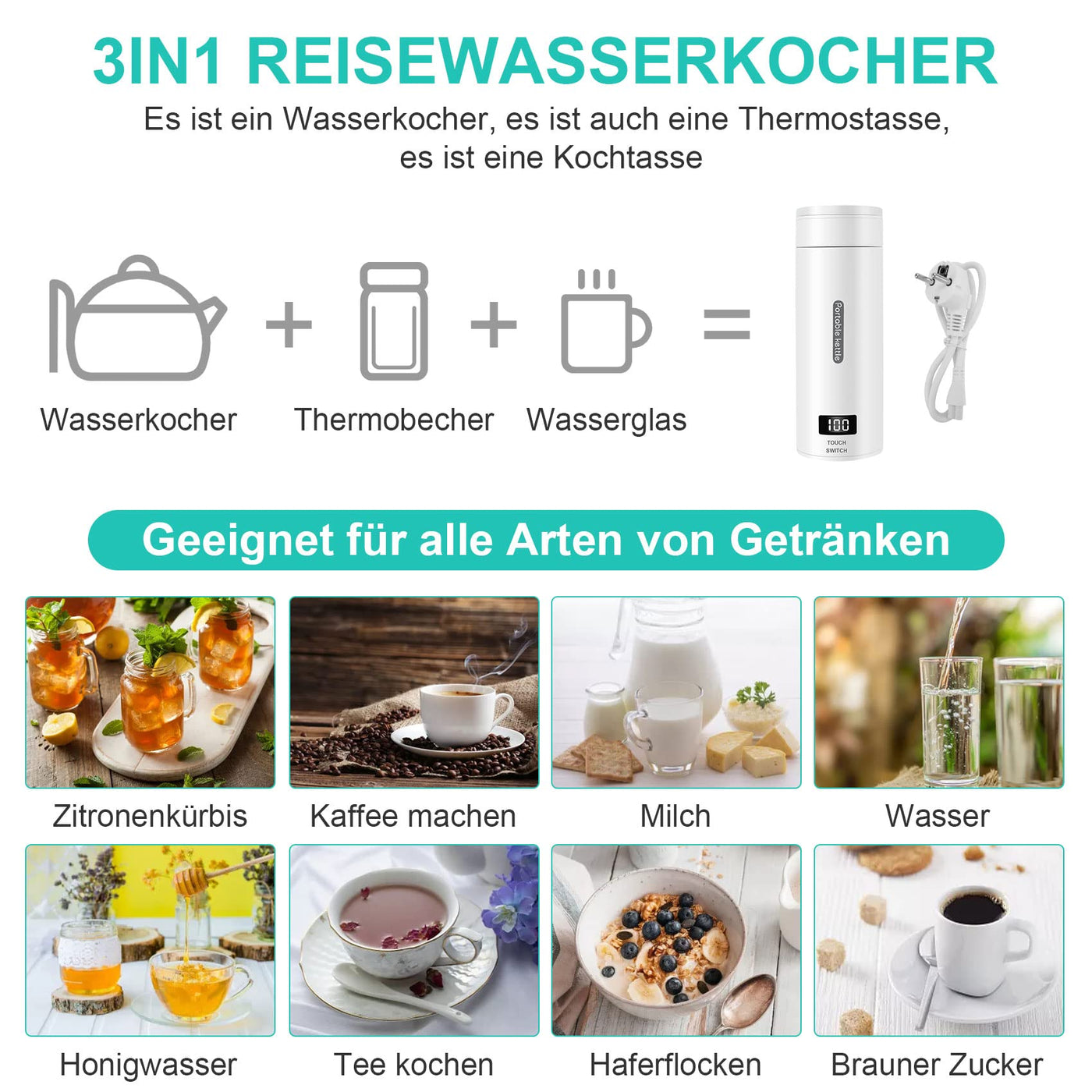 Reise Wasserkocher Klein, Elektrische Wassertasse,220V 300W Schnellkoch-Teekanne-Heizbecher mit Temperatureinstellung, mit Automatischer Abschaltung für Unterwegs（Netzkabel befindet sich im Becher）