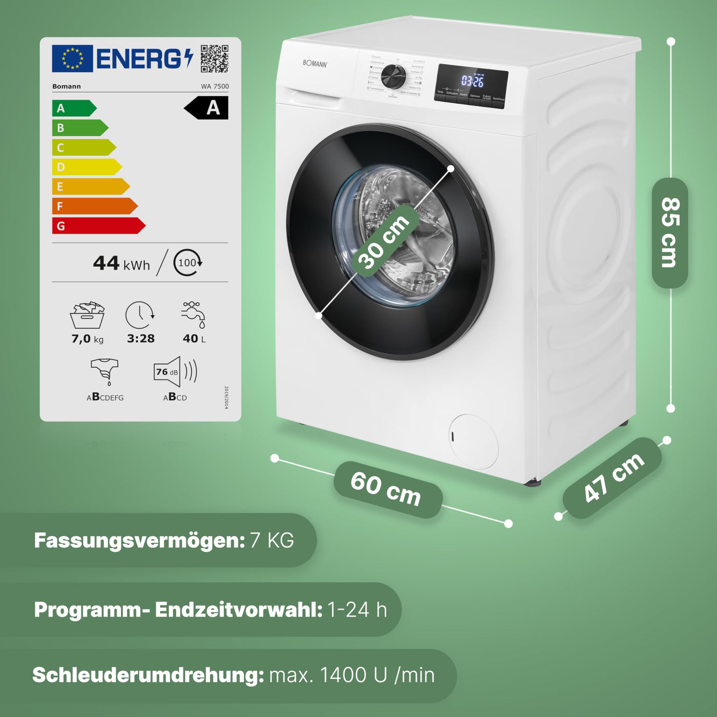 Bomann® Waschmaschine 7kg | 10 Jahre Motor-Garantie | effizienter Invertermotor | 1400 U/min | inkl. Aqua-Stop | bis 90°C | 15 Programme | Bomann Waschmaschine | Washing Machine | WA 7500 weiß