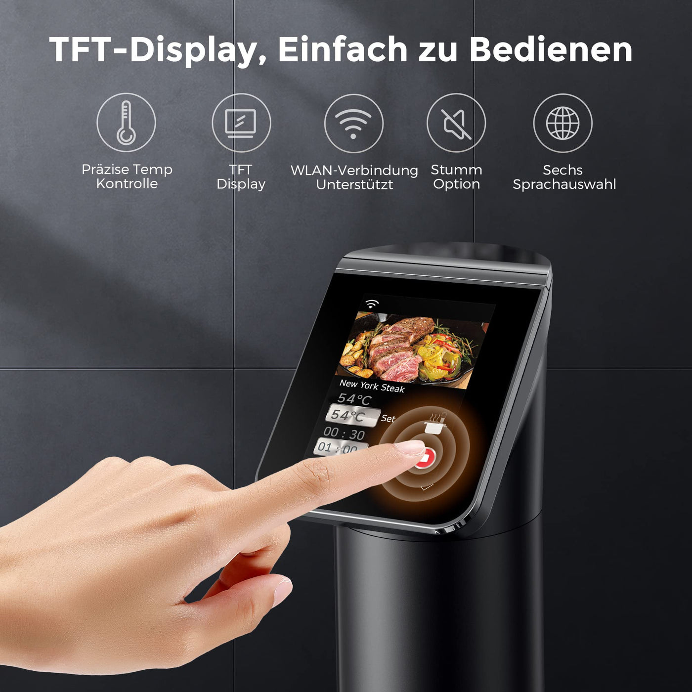 KitchenBoss Sous Vide Garer Stick WLAN: G330 Wifi Präzisionskocher Präziser Temperatureinstellung bis 90°C IPX7 Wasserdicht TFT Touch-Display Immersion Tauchzikulator 360° Zirkulation mit Timer