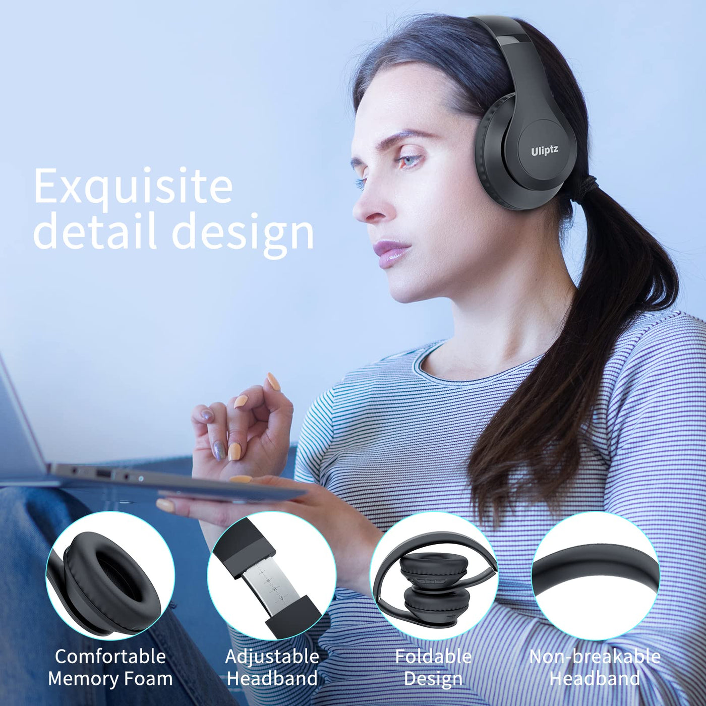 Uliptz Bluetooth Kopfhörer Over Ear, 65 Stunden Spielzeit Kopfhörer Kabellos Bluetooth mit 6 EQ-Modi, HiFi-Stereo Faltbares Bluetooth 5.3 Wireless Headphones für Reisen/Büro/Handy/PC (Schwarz)