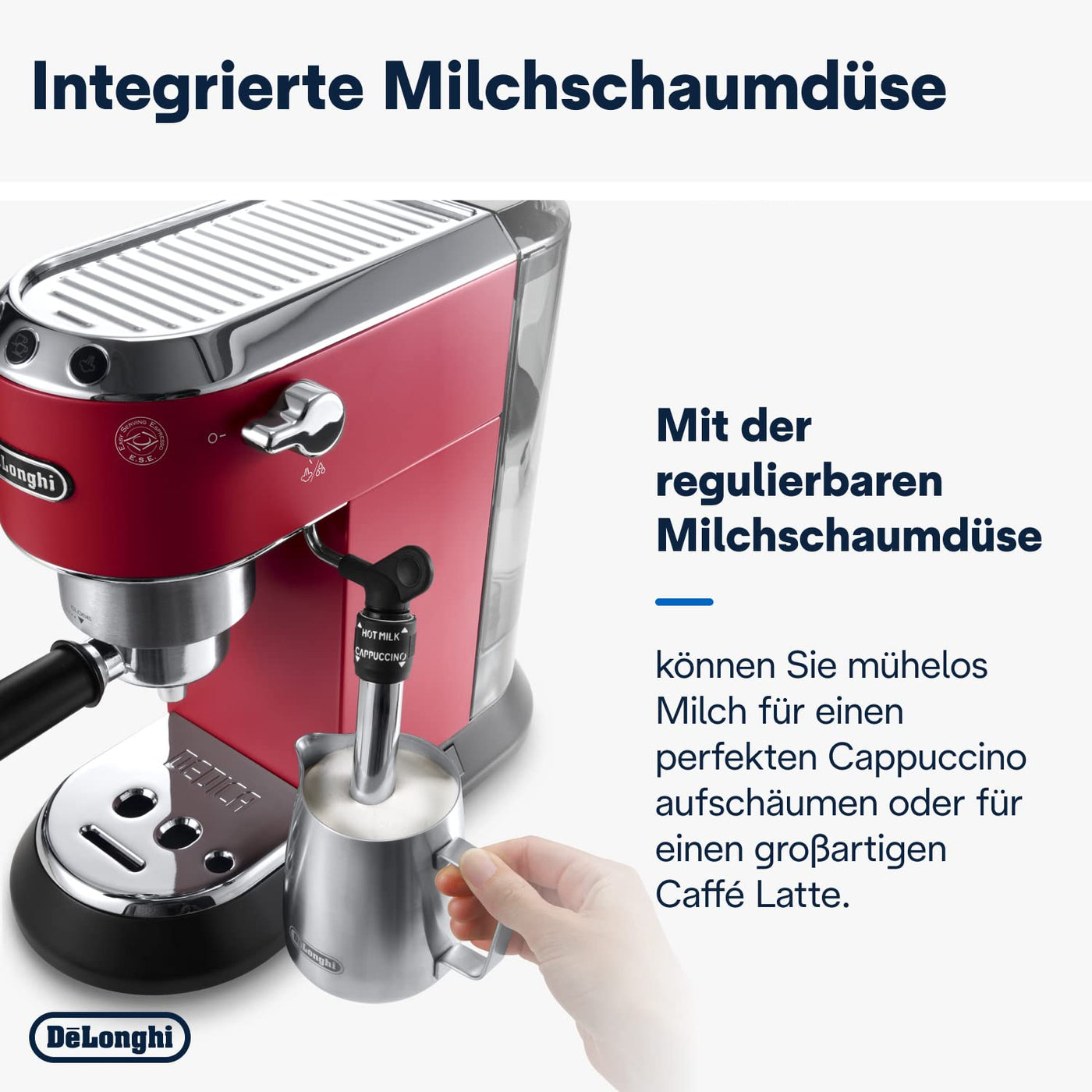 De'Longhi Dedica Style EC 685.R – Espresso Siebträgermaschine, Espressomaschine mit professionellem Milchaufschäumer, nur 15 cm breit, für Kaffeepulver oder ESE Pads, 1 l Wassertank, rot